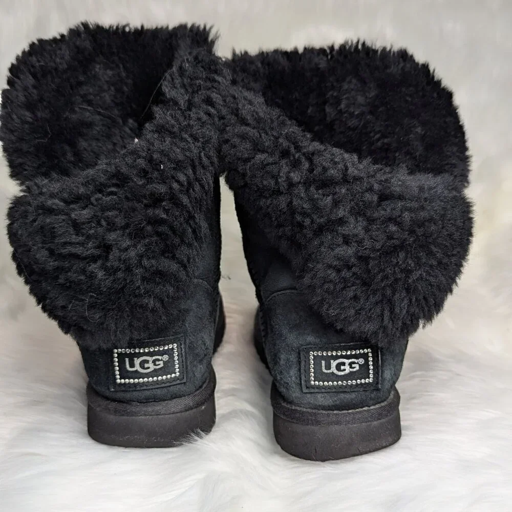 UGG Swarovski Bailey Button Bling Black Classic Calf Boots Women's Size US 8